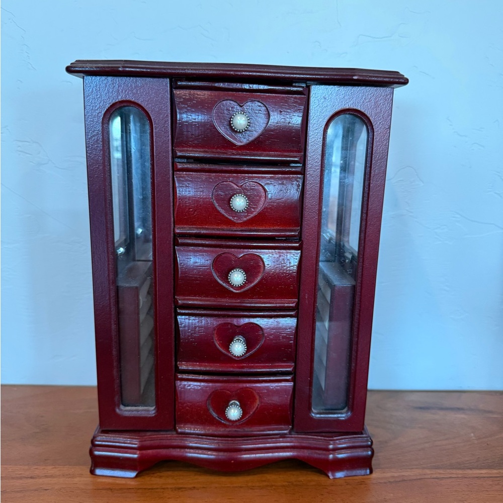 Vintage Cherry Wooden Jewelry Armoire Organizer with Heart Accents‎ cubby hooks